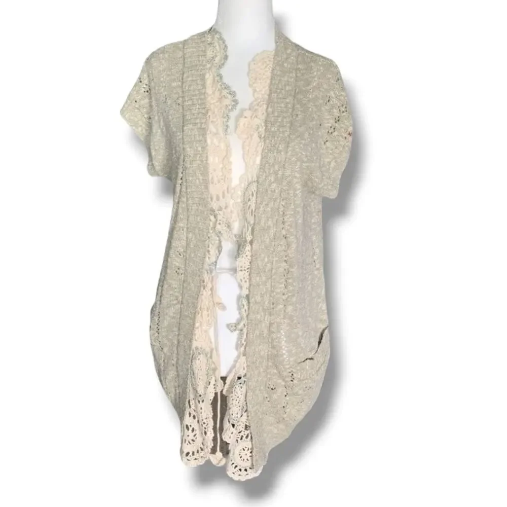 Upcycled Linen Blend Crochet Trim Knit Cardigan Vest Boho‎ Cottagecore Romantic